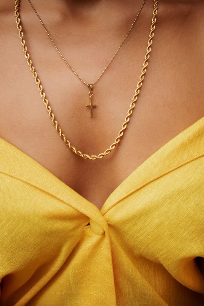 The Art of Drawing Readers In: Your attractive post title goes here Close-up of a gold cross necklace and yellow attire, showcasing elegance and style.